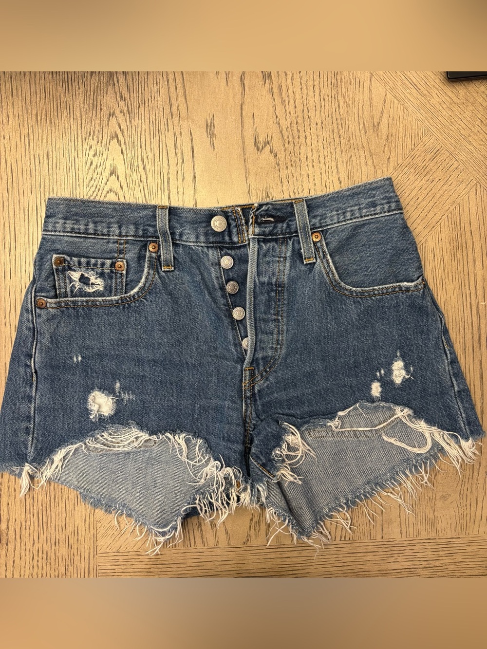 Levi’s 501 Distressed Denim Shorts Button Fly High Rise Cutoff Waist 25-